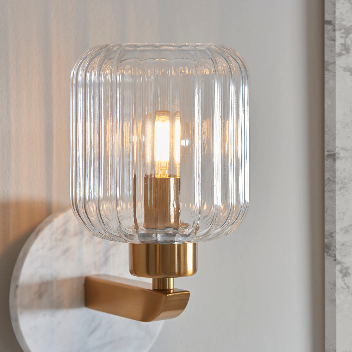 White Volakas Marble, Vintage Brass & Clear Ribbed Glass