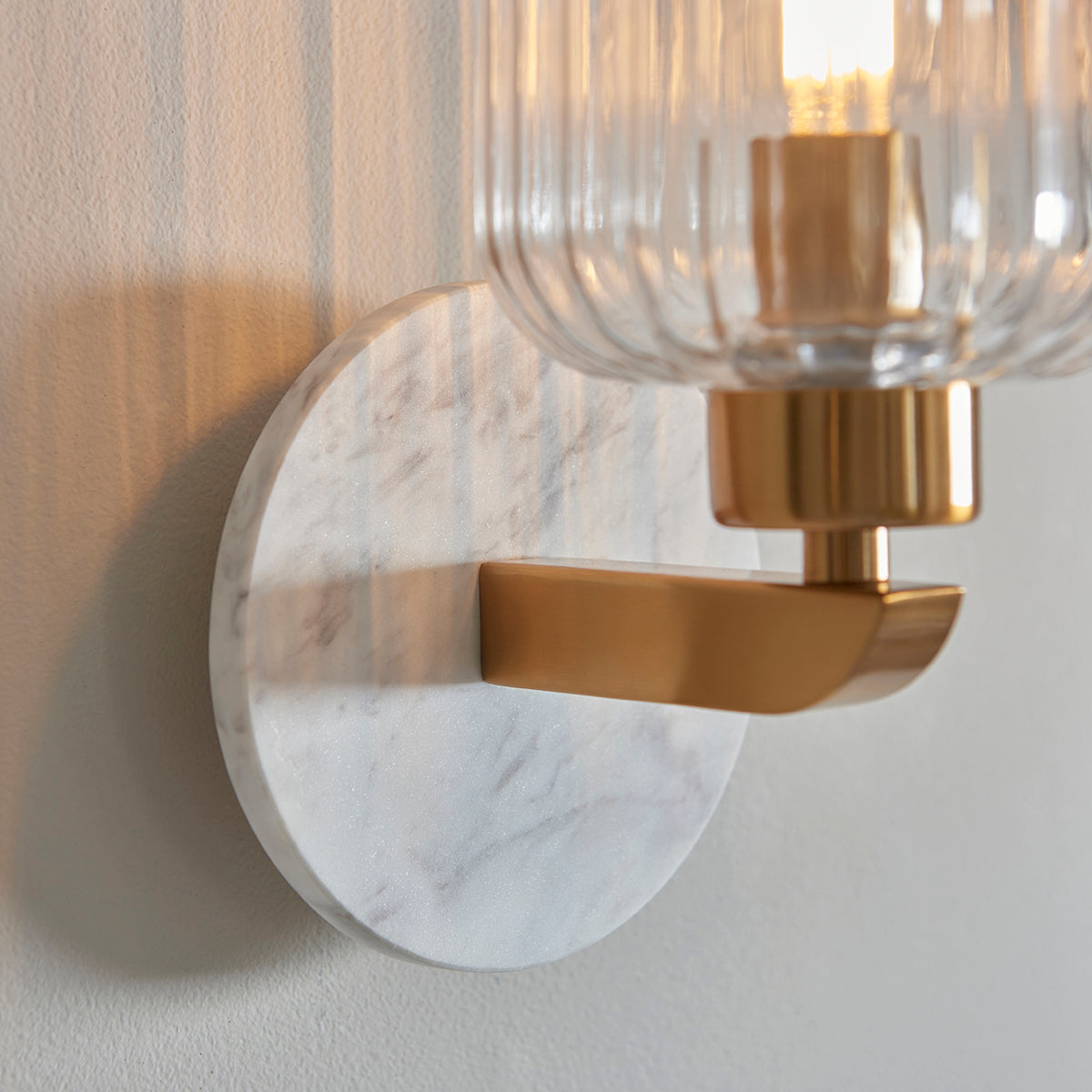 White Volakas Marble, Vintage Brass & Clear Ribbed Glass