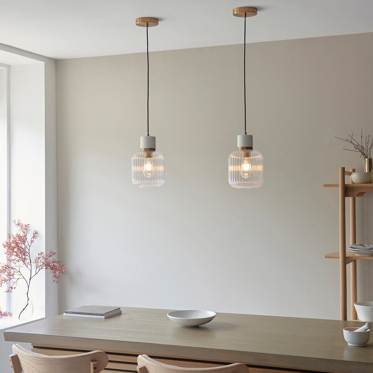 White Volakas Marble, Vintage Brass & Clear Ribbed Glass