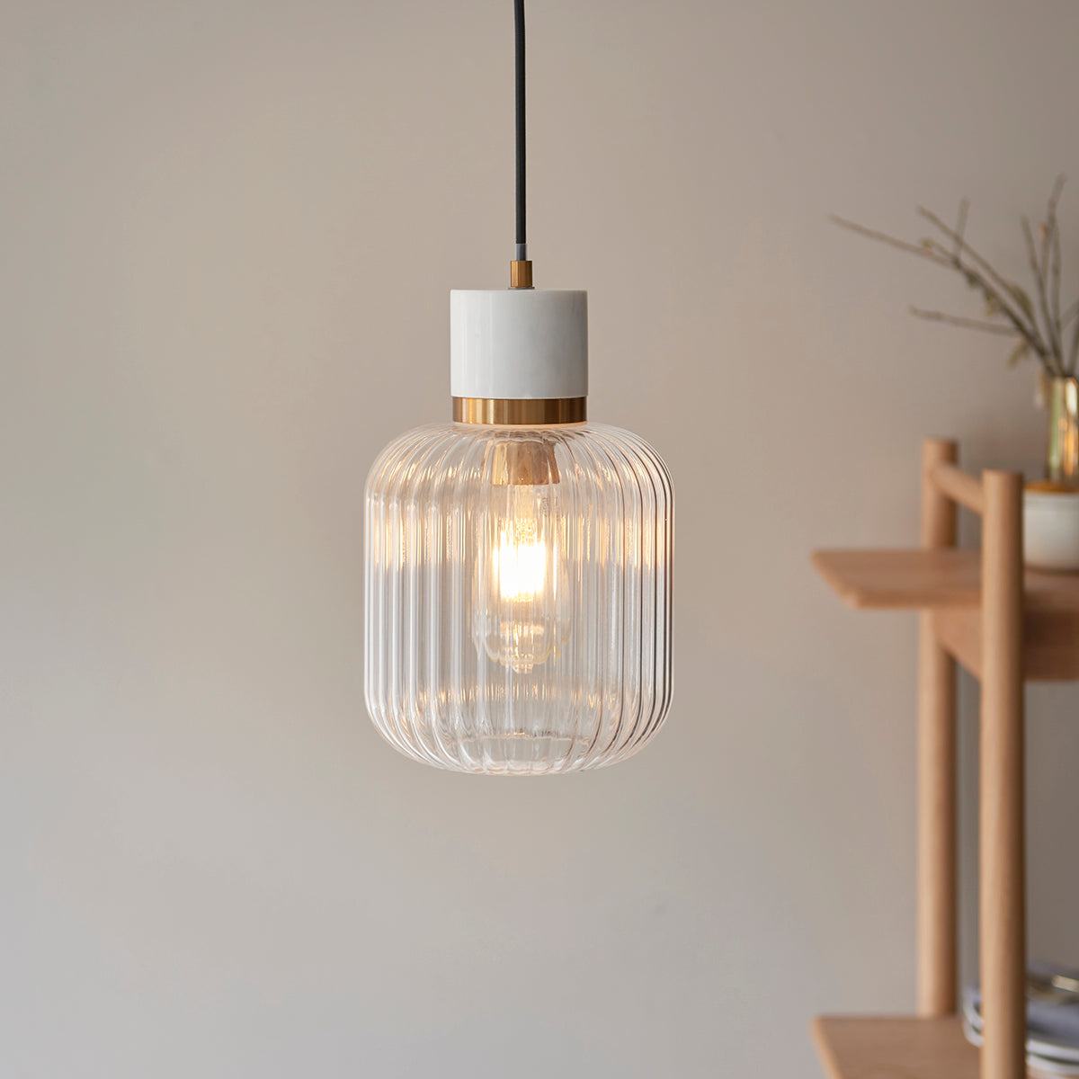 White Volakas Marble, Vintage Brass & Clear Ribbed Glass