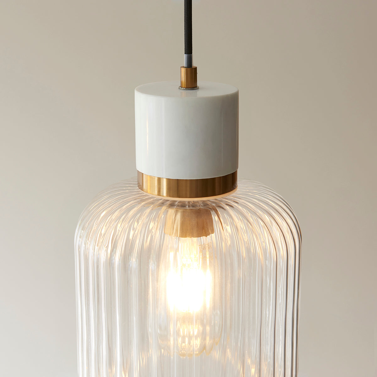 White Volakas Marble, Vintage Brass & Clear Ribbed Glass