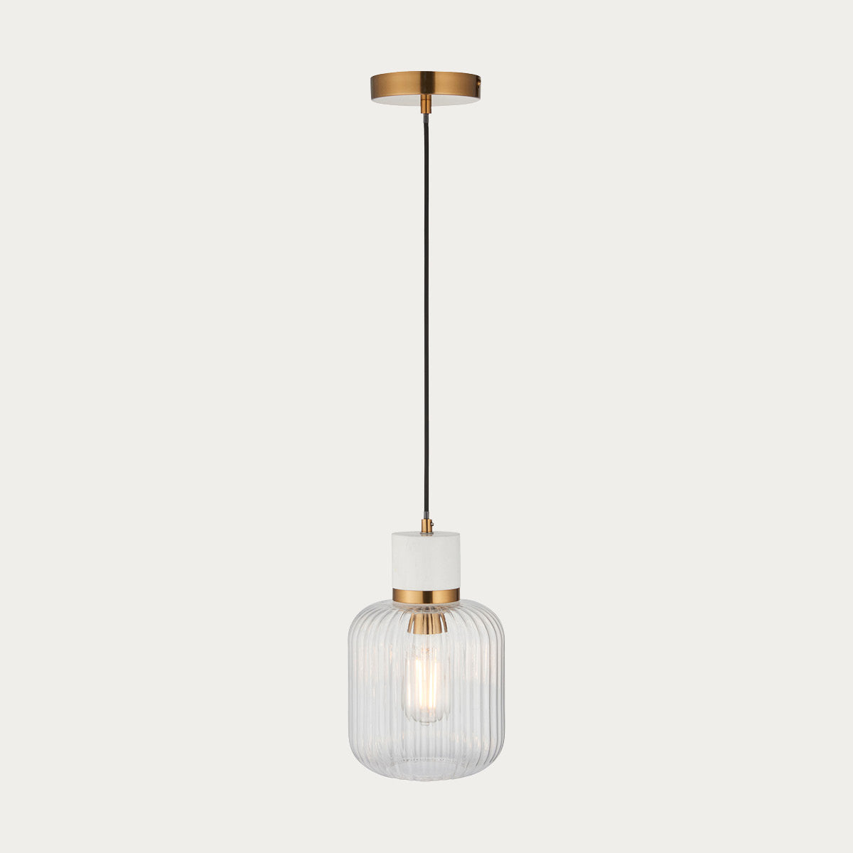 White Volakas Marble, Vintage Brass & Clear Ribbed Glass