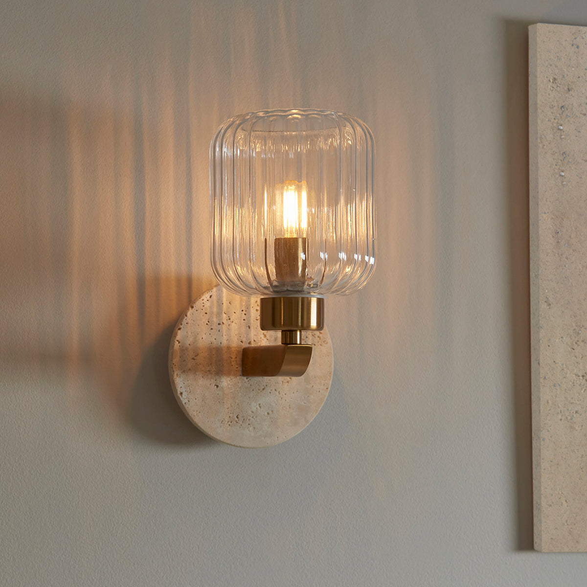 Natural Travertine, Vintage Brass & Clear Ribbed Glass
