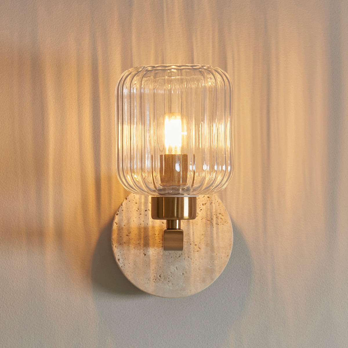 Natural Travertine, Vintage Brass & Clear Ribbed Glass
