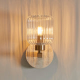 Natural Travertine, Vintage Brass & Clear Ribbed Glass