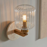 Natural Travertine, Vintage Brass & Clear Ribbed Glass