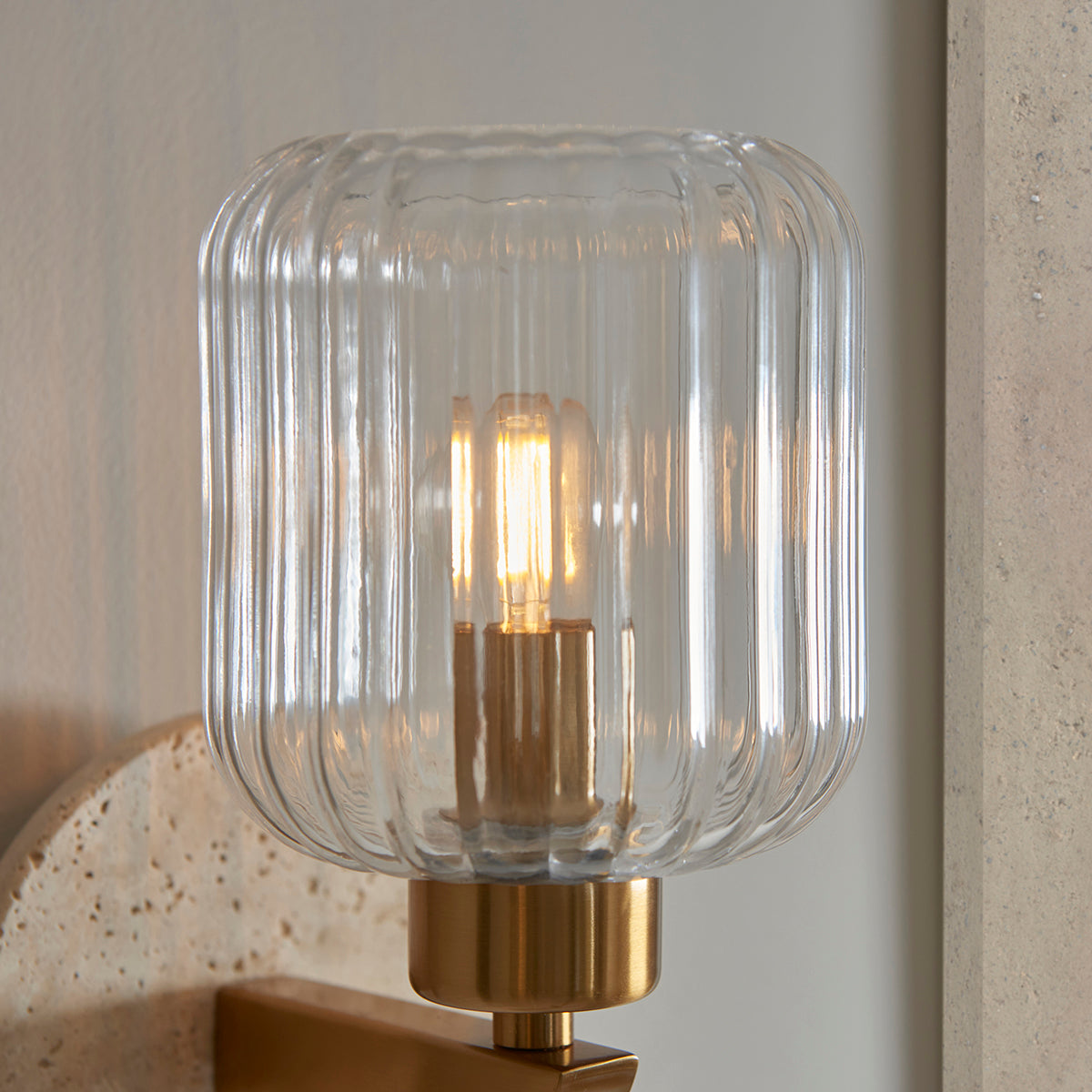 Natural Travertine, Vintage Brass & Clear Ribbed Glass
