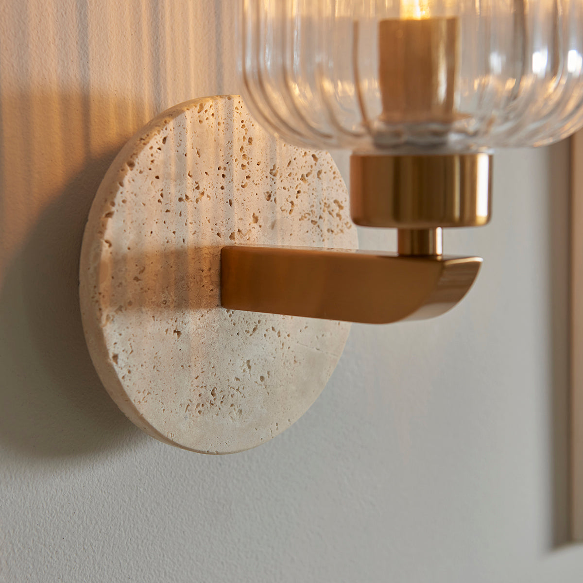 Natural Travertine, Vintage Brass & Clear Ribbed Glass