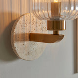 Natural Travertine, Vintage Brass & Clear Ribbed Glass
