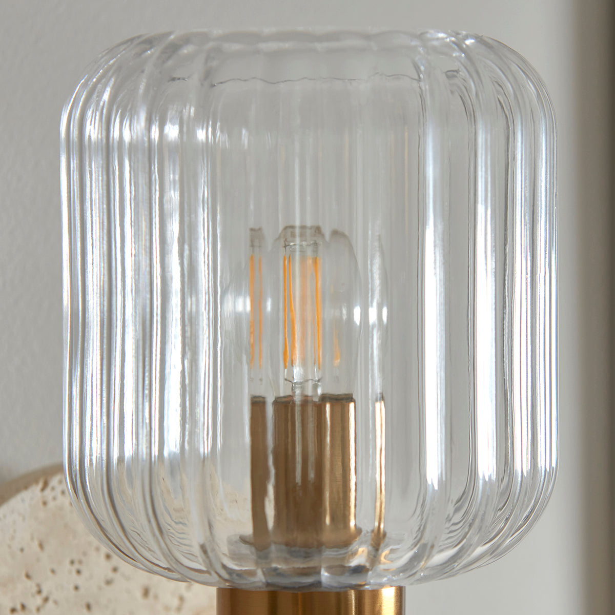 Natural Travertine, Vintage Brass & Clear Ribbed Glass