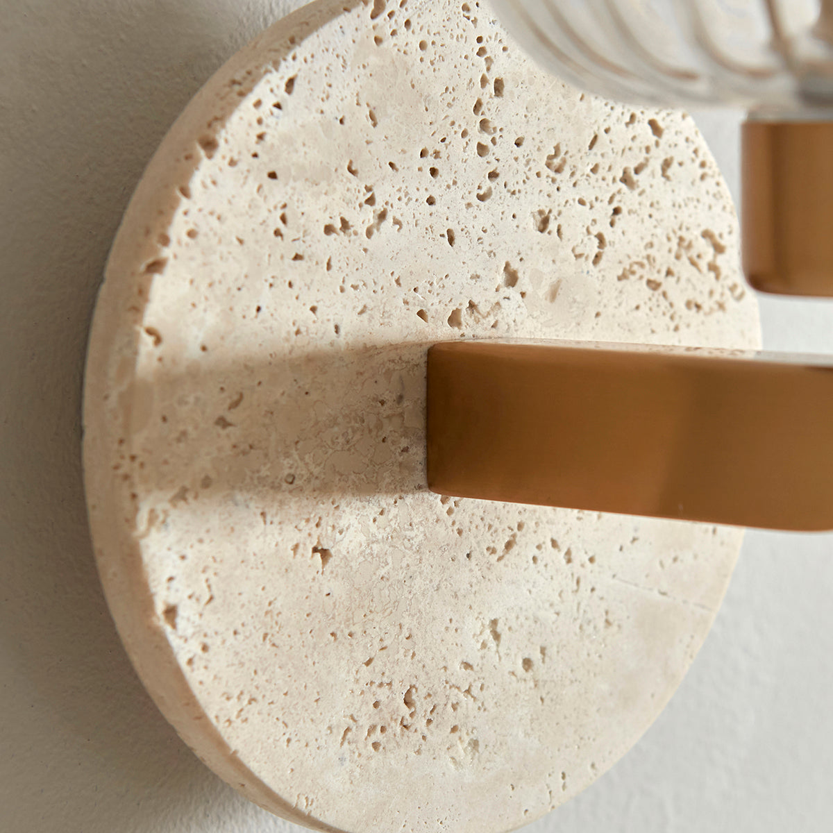 Natural Travertine, Vintage Brass & Clear Ribbed Glass