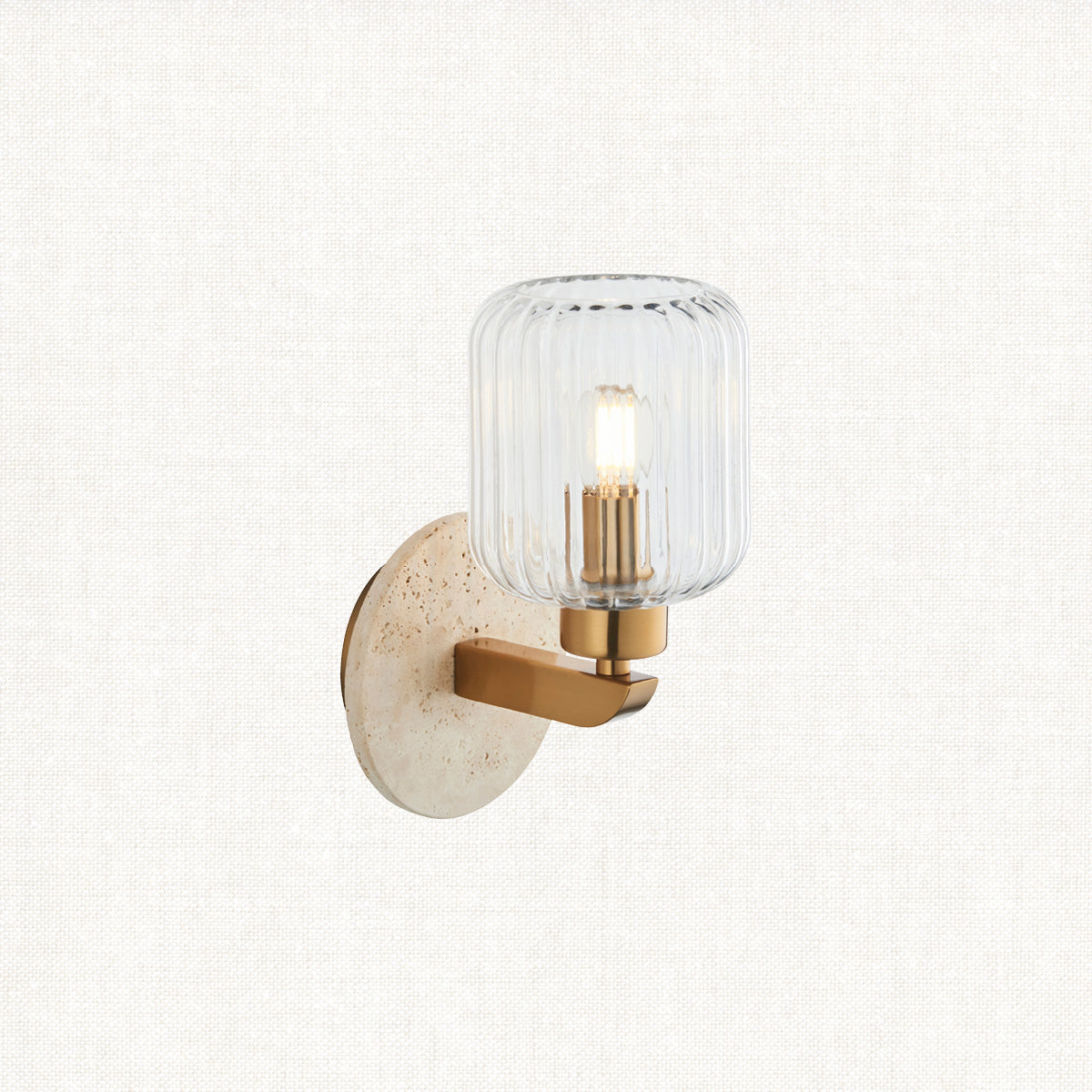 Natural Travertine, Vintage Brass & Clear Ribbed Glass