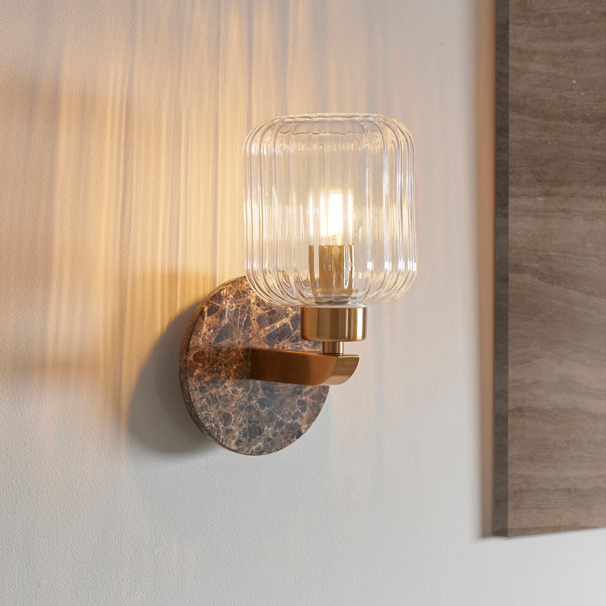 Dark Brown Emperador Marble, Vintage Brass & Clear Ribbed Glass