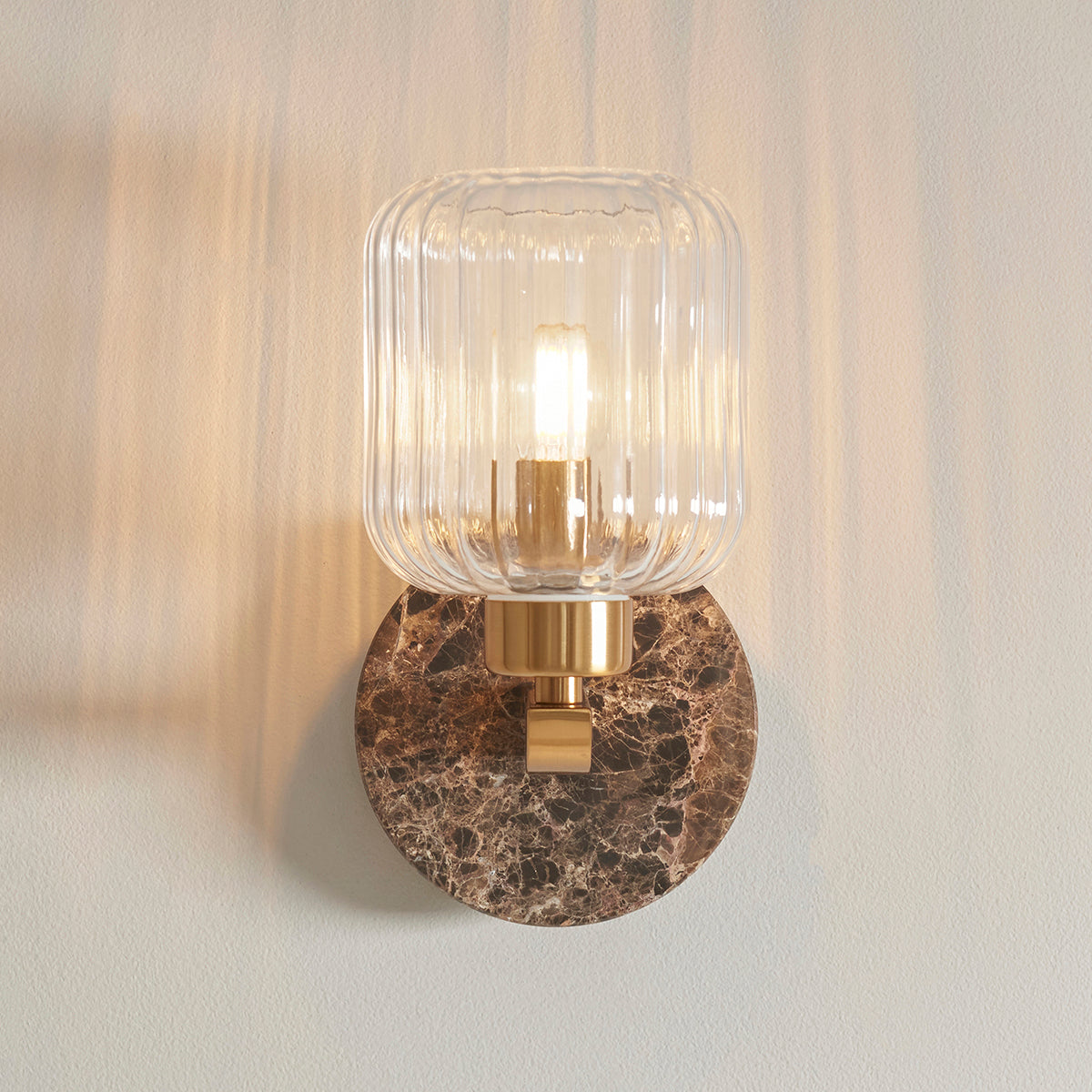 Dark Brown Emperador Marble, Vintage Brass & Clear Ribbed Glass