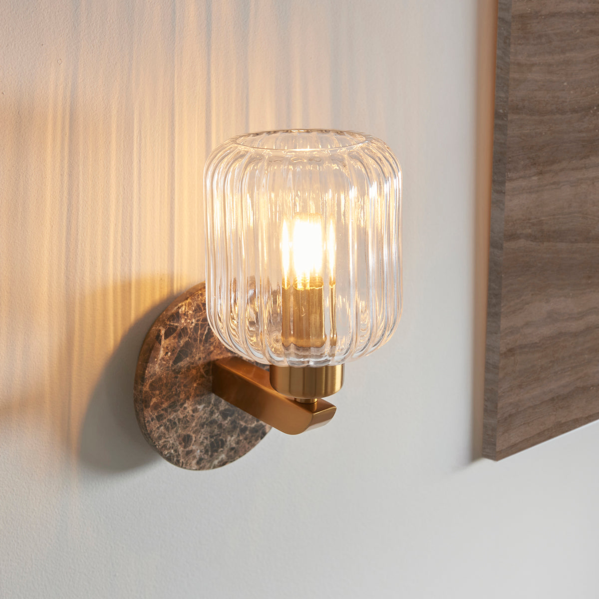Dark Brown Emperador Marble, Vintage Brass & Clear Ribbed Glass