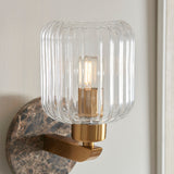 Dark Brown Emperador Marble, Vintage Brass & Clear Ribbed Glass
