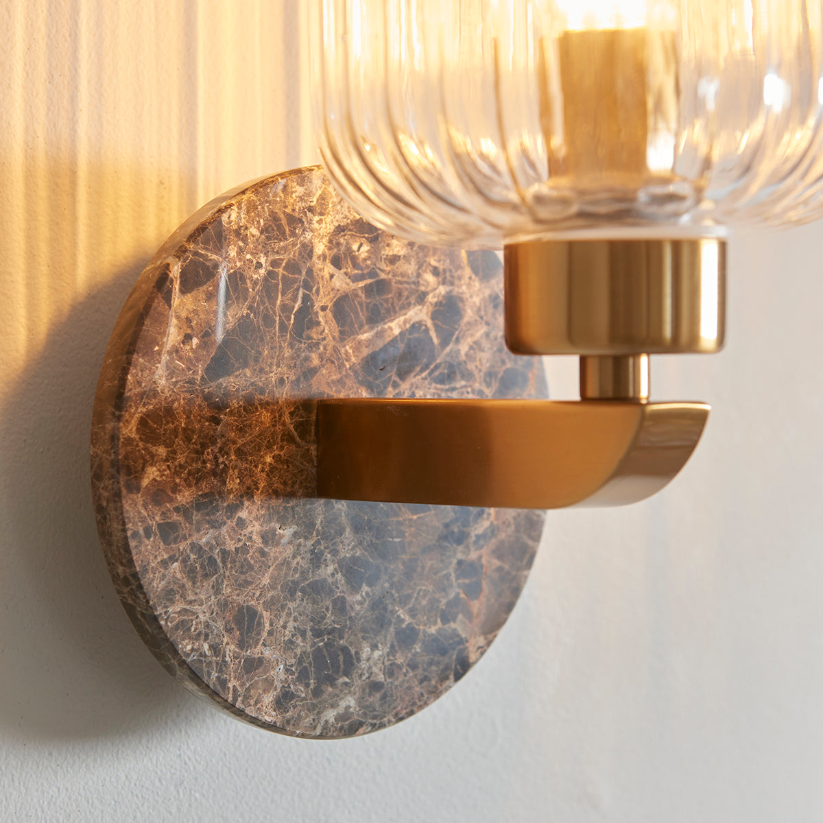 Dark Brown Emperador Marble, Vintage Brass & Clear Ribbed Glass
