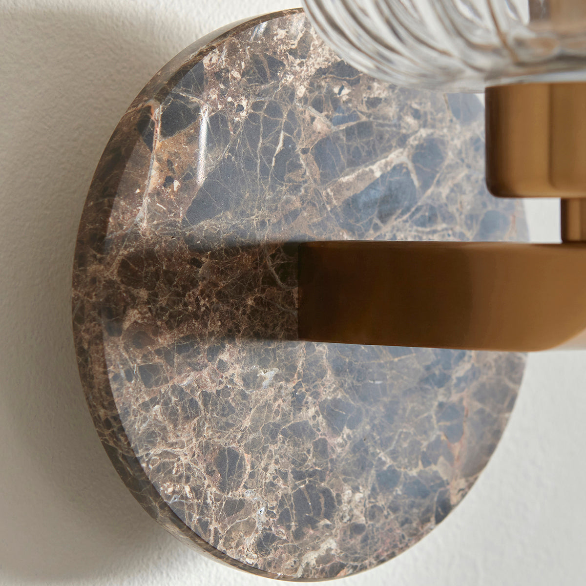 Dark Brown Emperador Marble, Vintage Brass & Clear Ribbed Glass