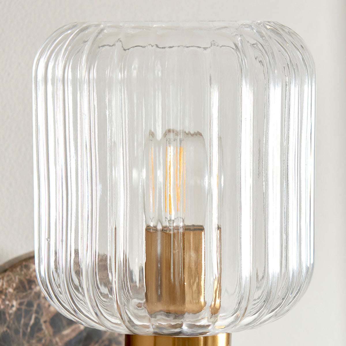 Dark Brown Emperador Marble, Vintage Brass & Clear Ribbed Glass
