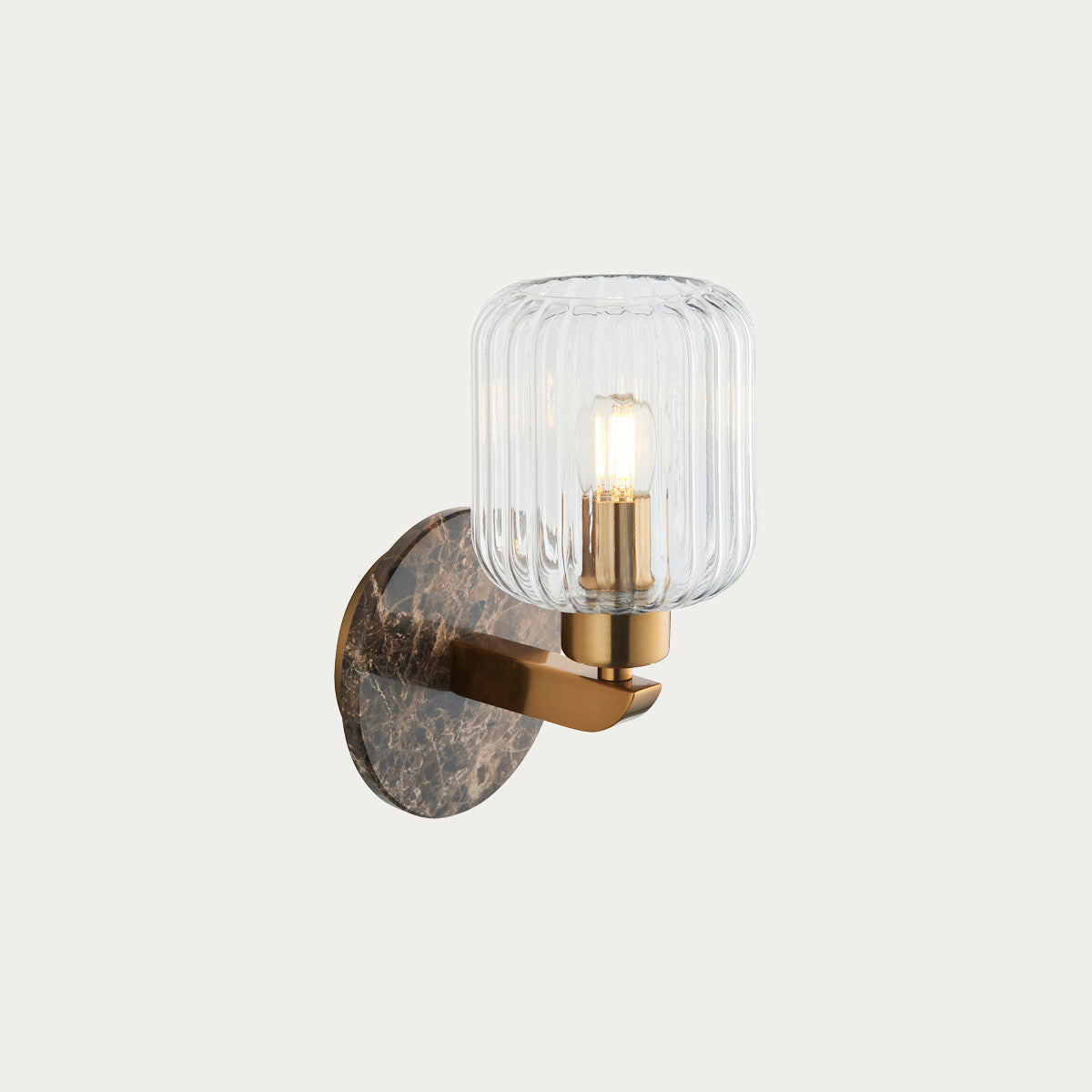 Dark Brown Emperador Marble, Vintage Brass & Clear Ribbed Glass