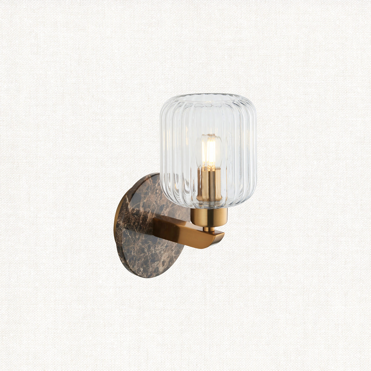 Dark Brown Emperador Marble, Vintage Brass & Clear Ribbed Glass