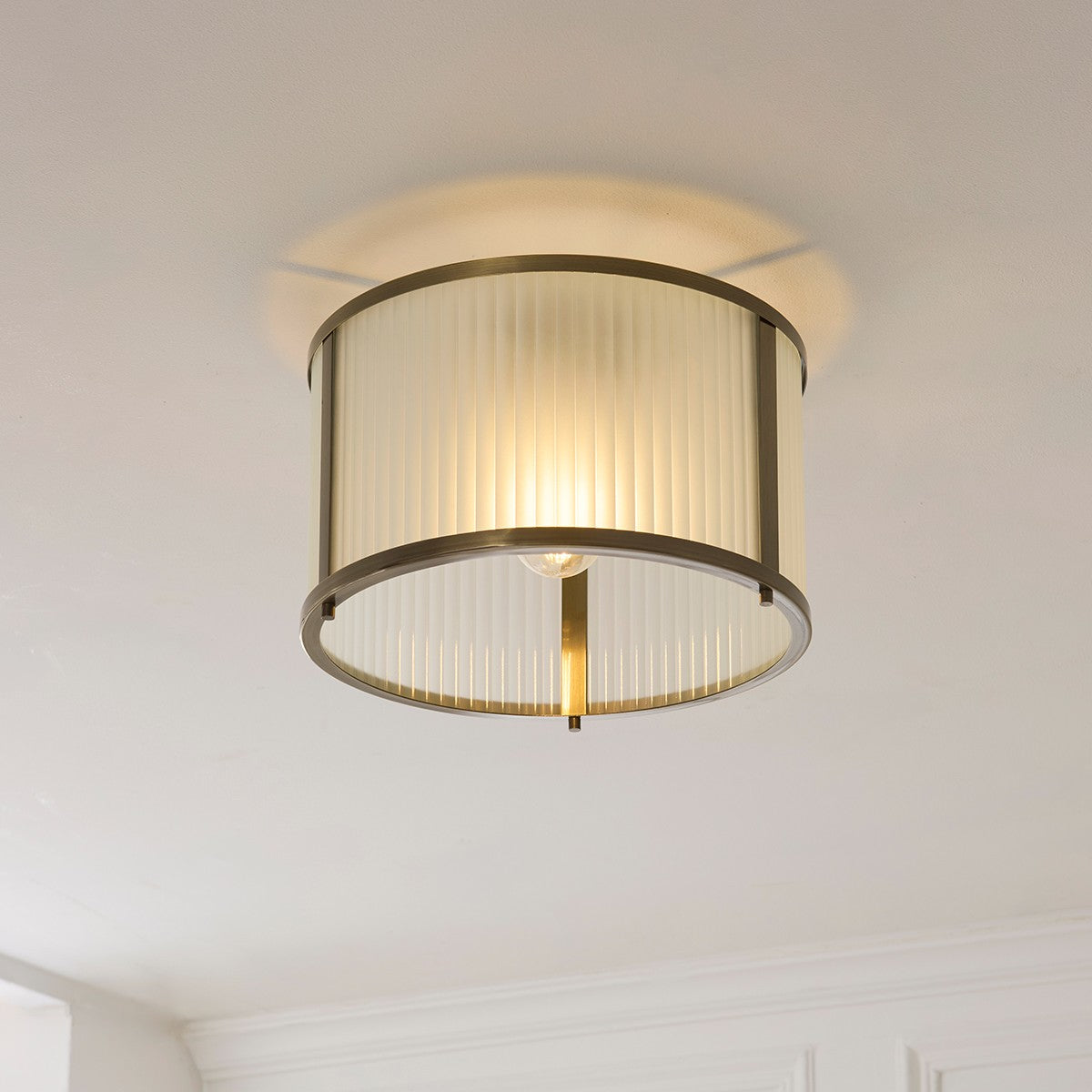 Radley Modern Flush Ceiling Light Fixture in Antique Brass with Frosted Ribbed Glass