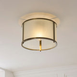Radley Modern Flush Ceiling Light Fixture in Antique Brass with Frosted Ribbed Glass