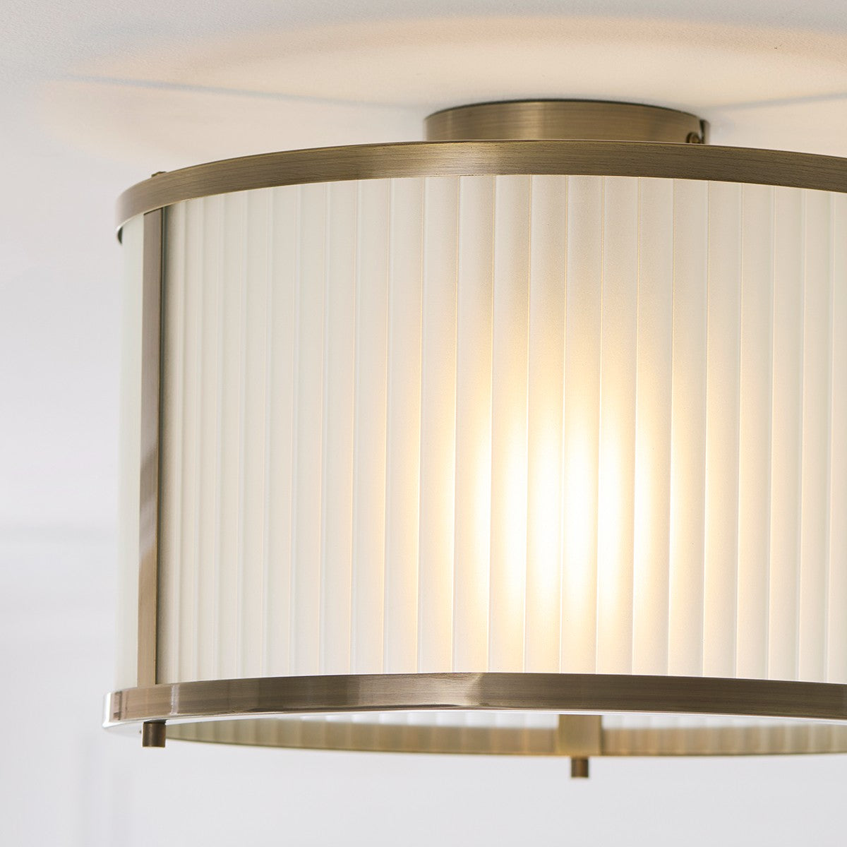 Radley Modern Flush Ceiling Light Fixture in Antique Brass with Frosted Ribbed Glass