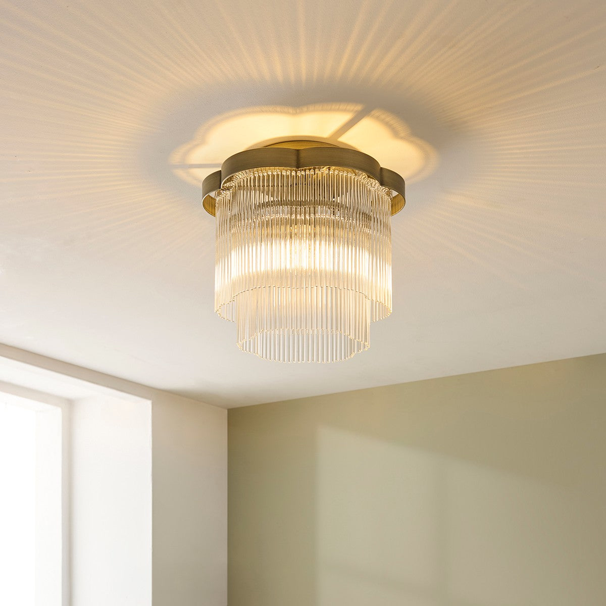 Lucienne Glass Flush Ceiling Light in Antique Brass
