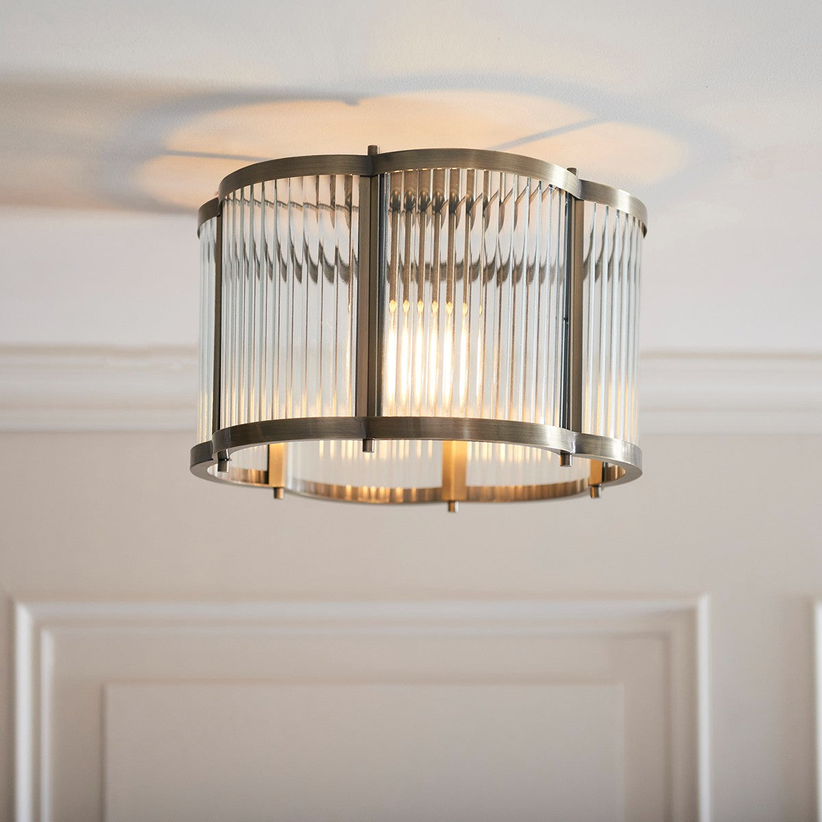 Radley Modern Flush Ceiling Light Fixture in Antique Brass with Scalloped Ribbed Glass