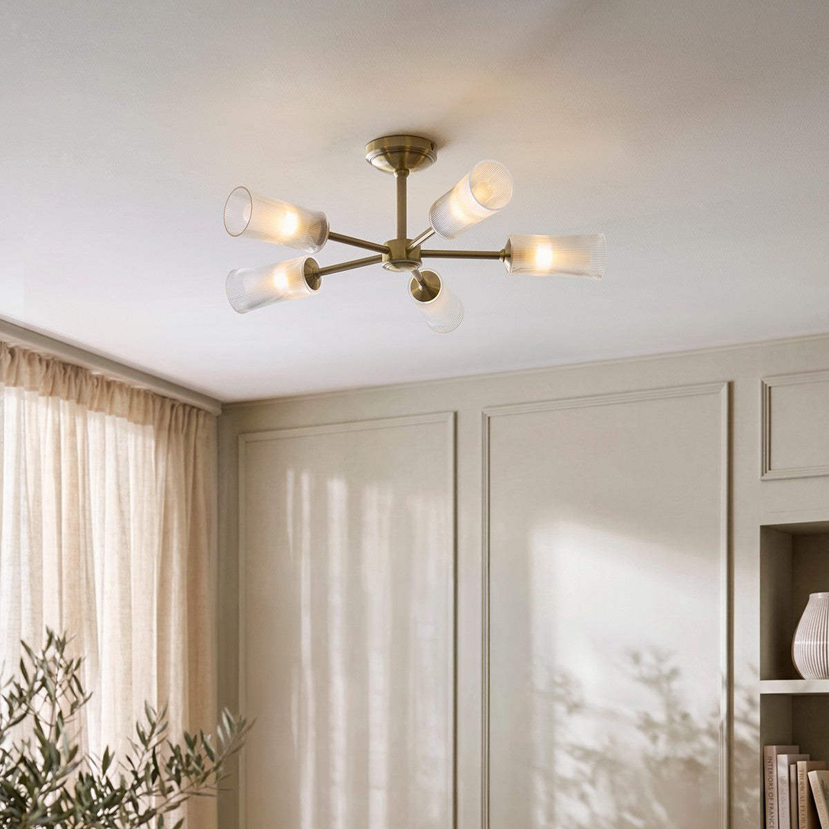 Avena 5 Light Semi Flush Mount Ceiling Light in Antique Brass with Ribbed Glass