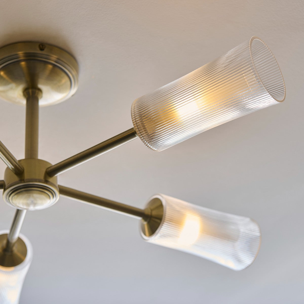 Avena 5 Light Semi Flush Mount Ceiling Light in Antique Brass with Ribbed Glass