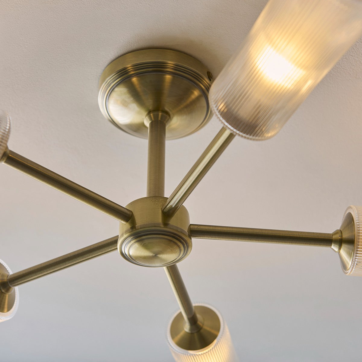 Avena 5 Light Semi Flush Mount Ceiling Light in Antique Brass with Ribbed Glass