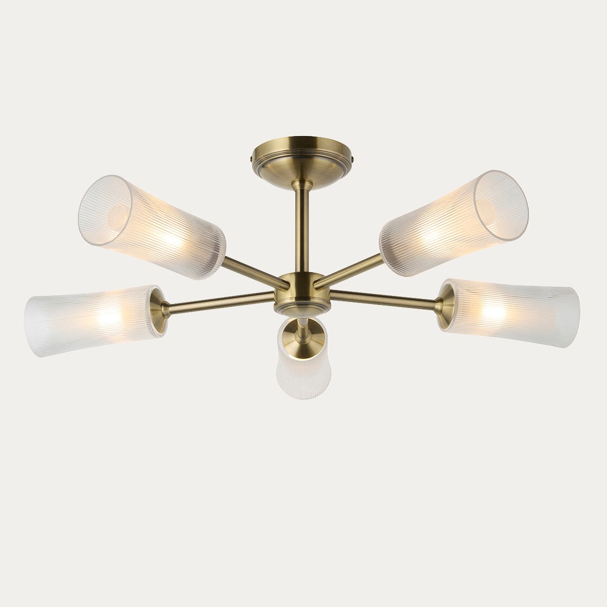 Avena 5 Light Semi Flush Mount Ceiling Light in Antique Brass with Ribbed Glass