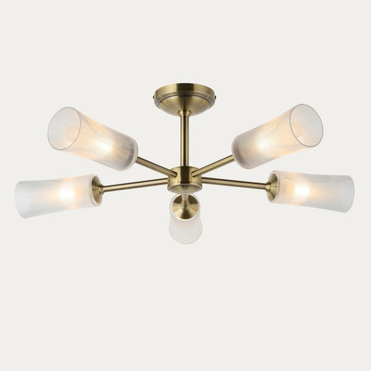 Avena 5 Light Semi Flush Mount Ceiling Light in Antique Brass with Ribbed Glass