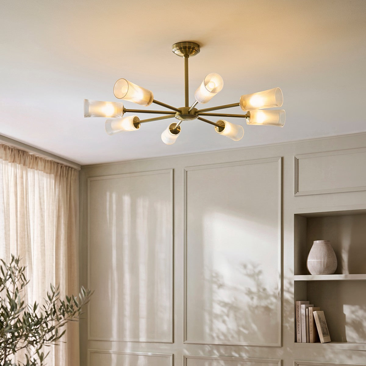Avena 8 Light Ribbed Glass Pendant Light with Antique Brass