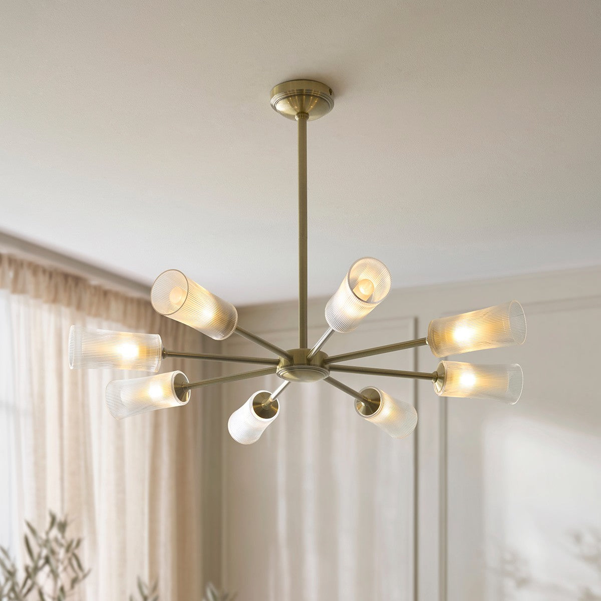 Avena 8 Light Ribbed Glass Pendant Light with Antique Brass