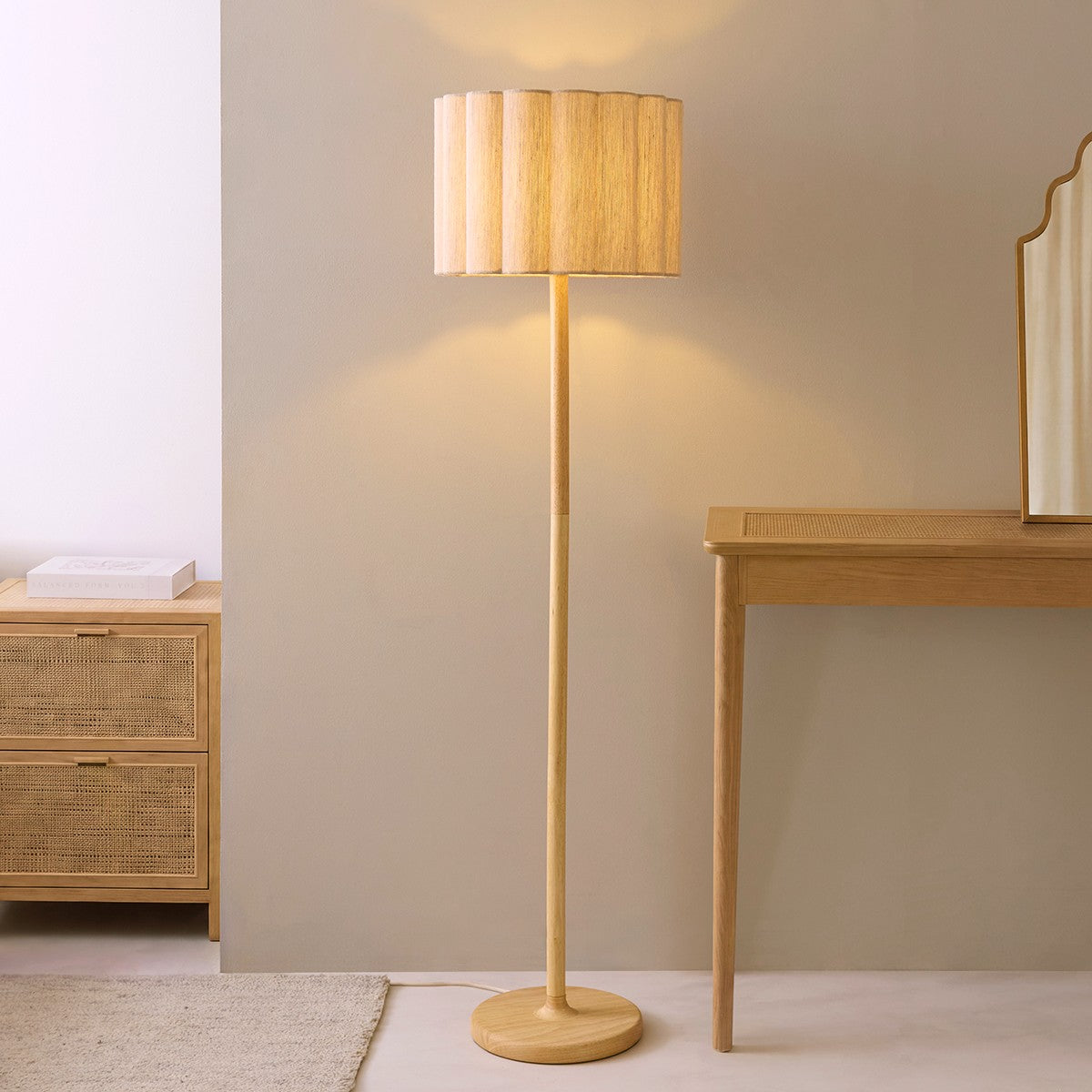 Orlin Floor Lamp with Wood Finish and Scalloped Lamp Shade