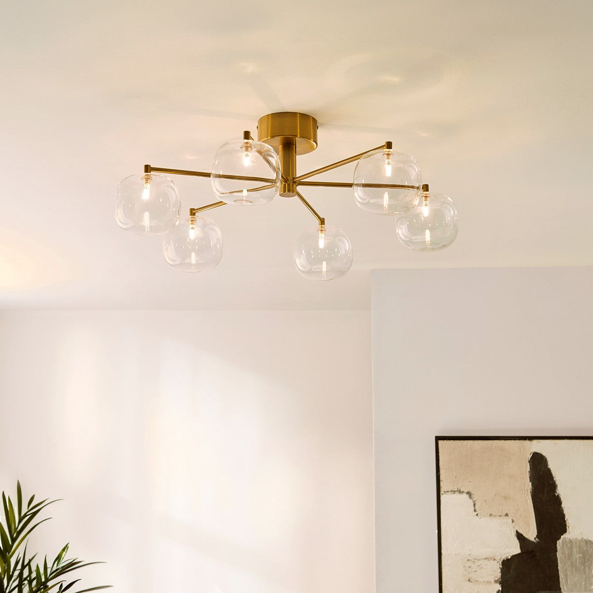 Osla 6 Light Contemporary Semi Flush Ceiling Light in Brushed Brass with Clear Glass
