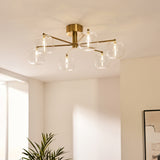 Osla 6 Light Contemporary Semi Flush Ceiling Light in Brushed Brass with Clear Glass