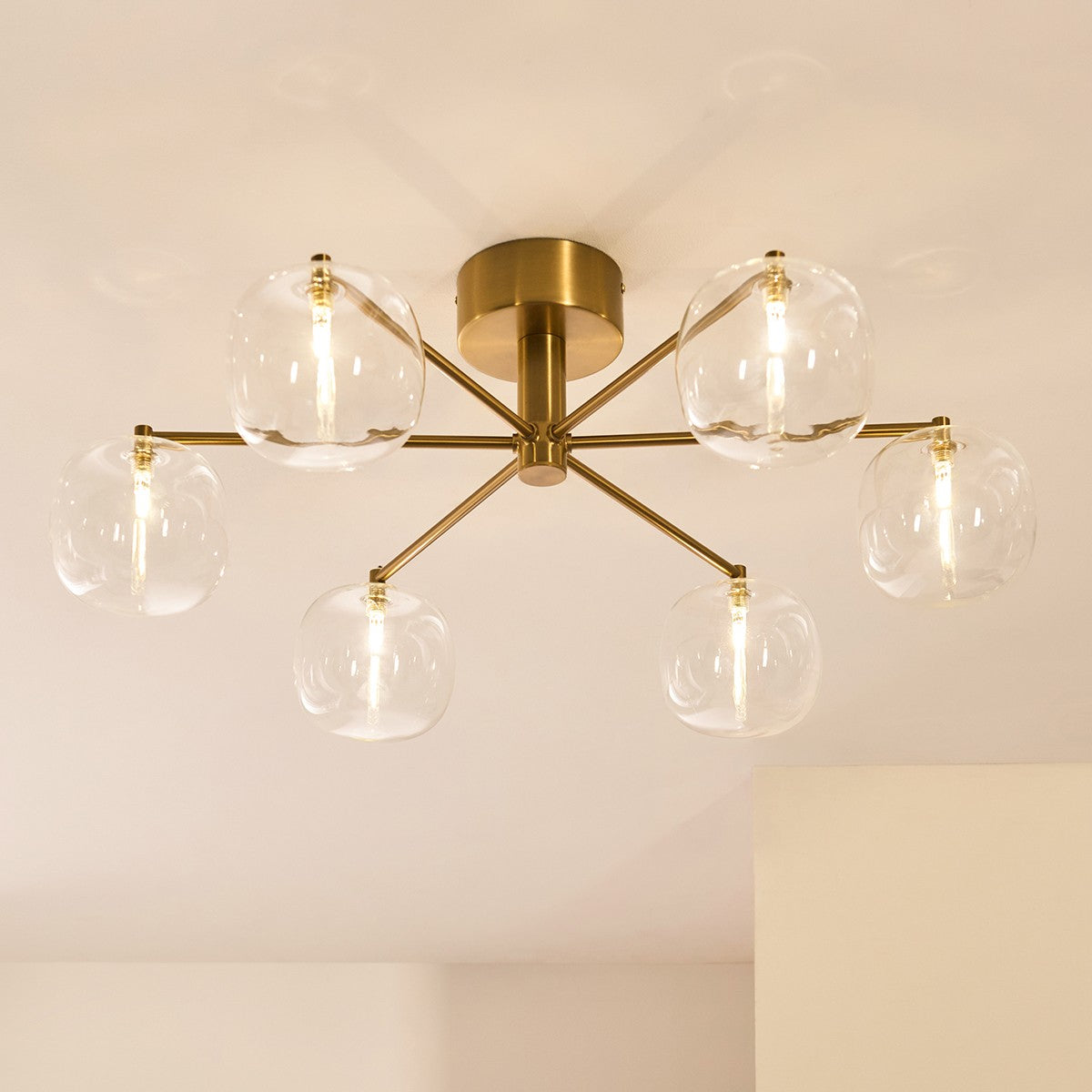 Osla 6 Light Contemporary Semi Flush Ceiling Light in Brushed Brass with Clear Glass