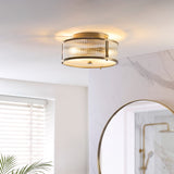 Radley 2 Light Flush Bathroom Ceiling Light in Antique Brass with Ribbed Glass