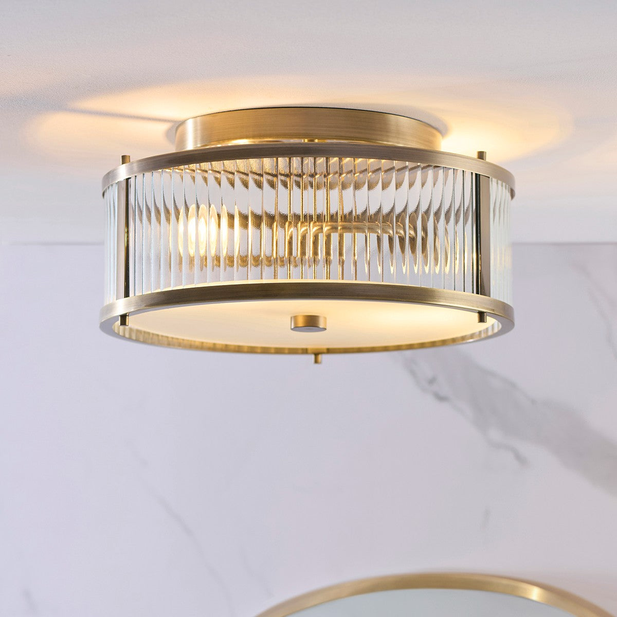 Radley 2 Light Flush Bathroom Ceiling Light in Antique Brass with Ribbed Glass