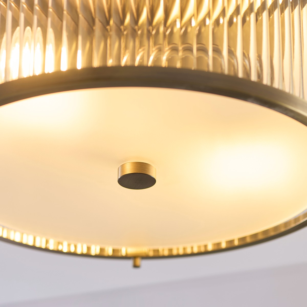 Radley 2 Light Flush Bathroom Ceiling Light in Antique Brass with Ribbed Glass