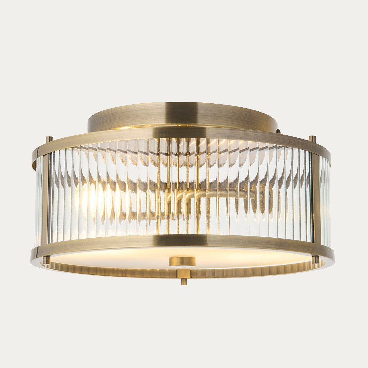 Radley 2 Light Flush Bathroom Ceiling Light in Antique Brass with Ribbed Glass