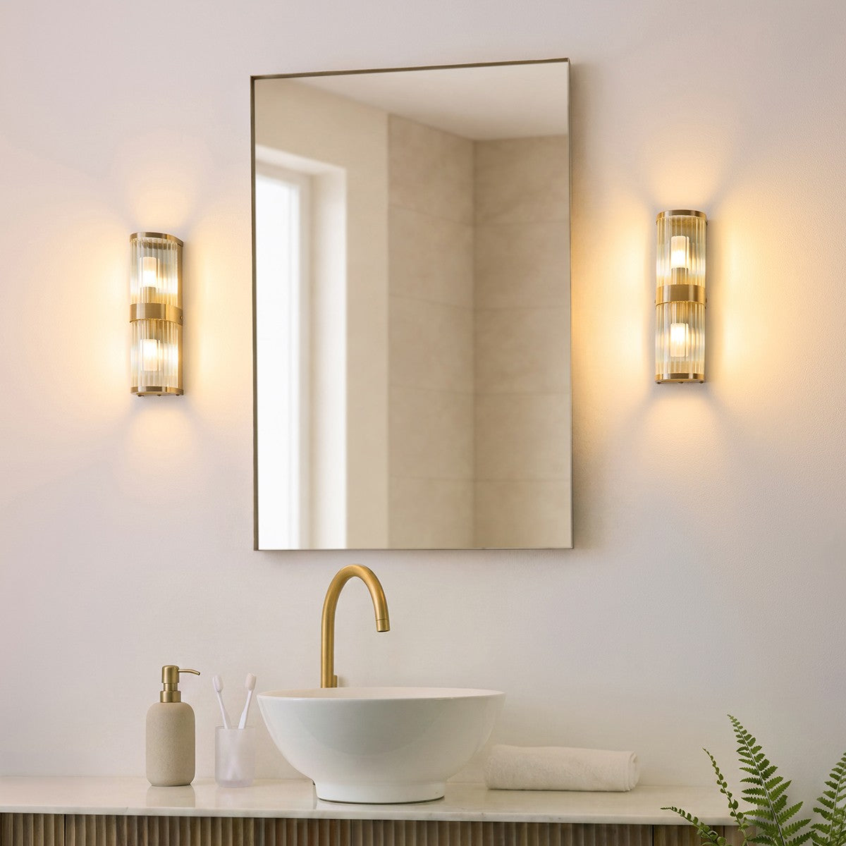 Radley Twin Bathroom Wall Light in Antique Brass with Ribbed Glass