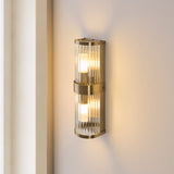 Radley Twin Bathroom Wall Light in Antique Brass with Ribbed Glass