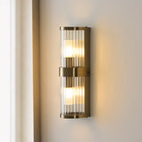 Radley Twin Bathroom Wall Light in Antique Brass with Ribbed Glass