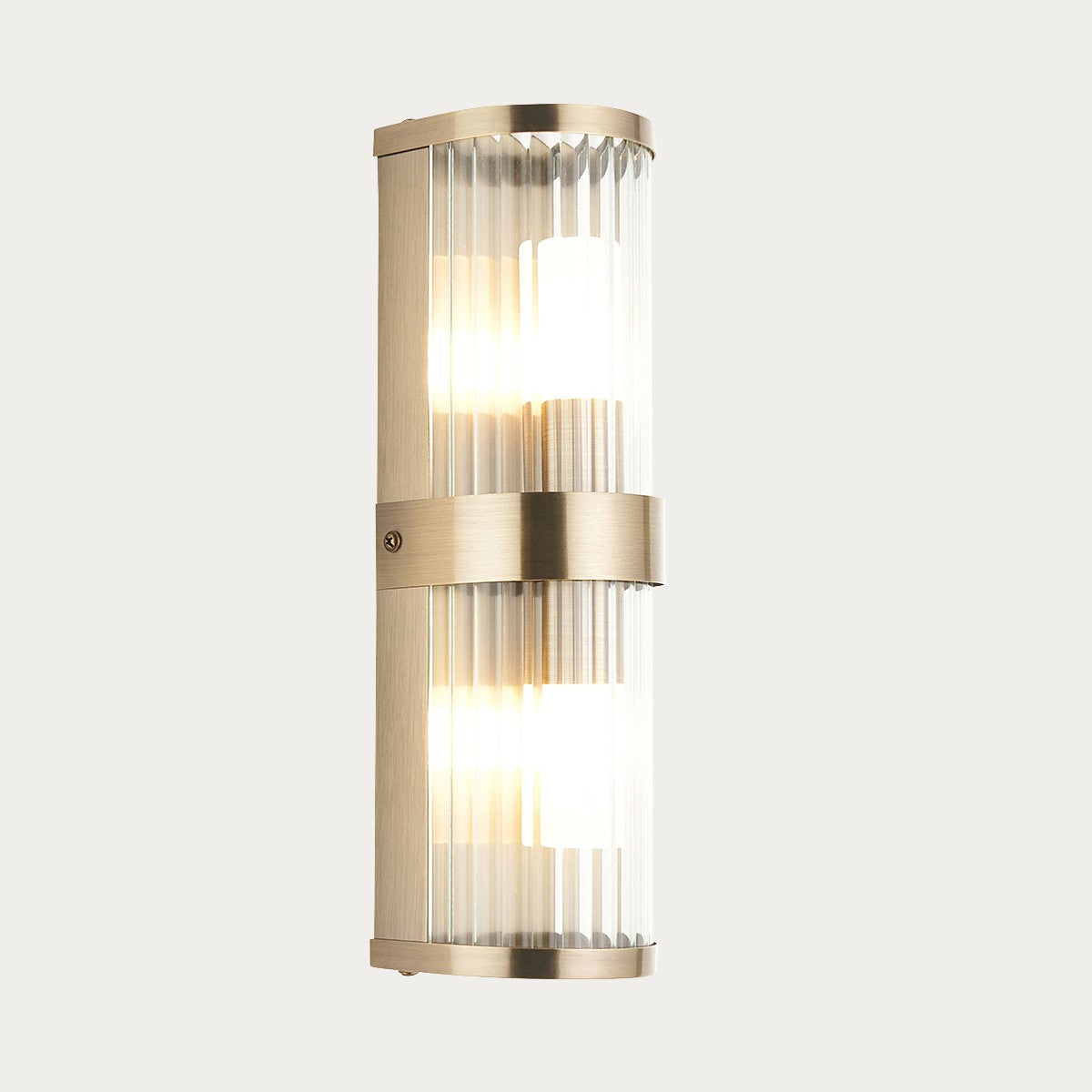 Radley Twin Bathroom Wall Light in Antique Brass with Ribbed Glass