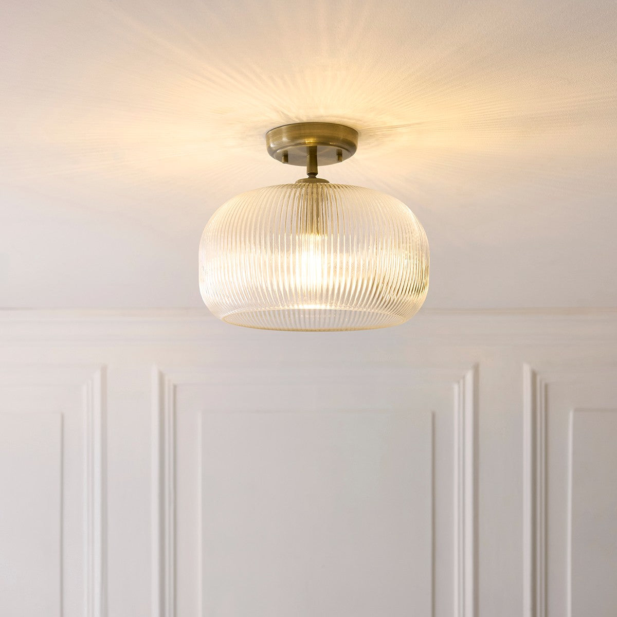 Harmont Ceiling Light Fixture Flush Mounted in Antique Brass and Ribbed Glass